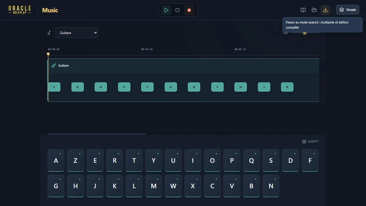 OracleRP Music : une partition de guitare et son clavier virtuel en mode simple.
